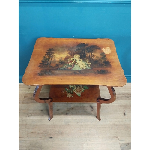 213 - Edwardian walnut lamp table with hand painted scenes depicting the lovers {74 cm H x 62 cm W x 46 cm... 