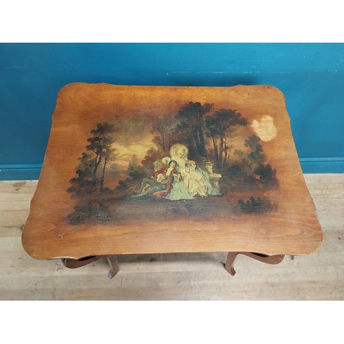 213 - Edwardian walnut lamp table with hand painted scenes depicting the lovers {74 cm H x 62 cm W x 46 cm... 