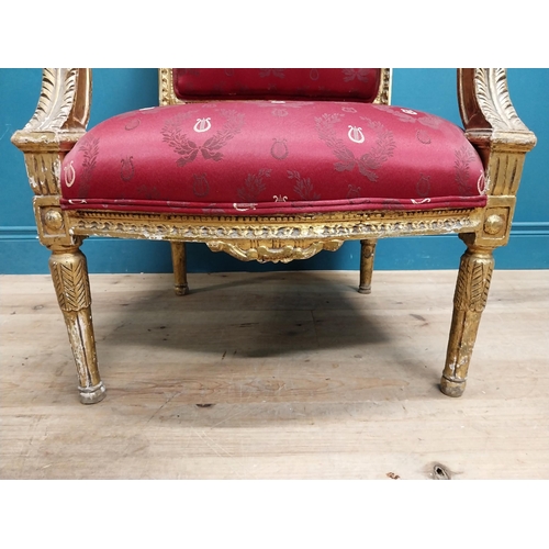 214 - French carved giltwood open armchair with upholstered seat. {110 cm H x 69 cm W x 65 cm D}.