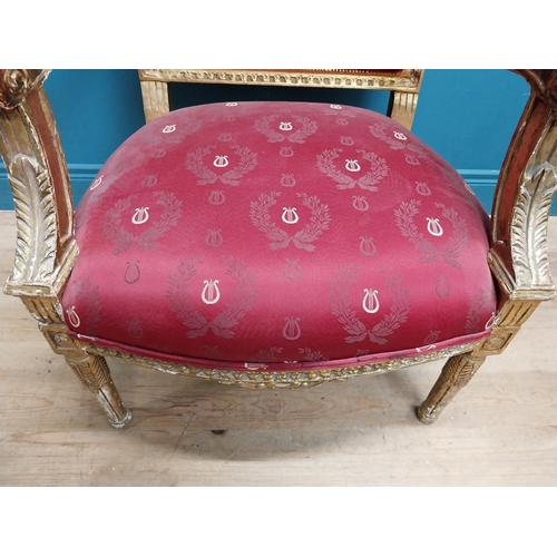 214 - French carved giltwood open armchair with upholstered seat. {110 cm H x 69 cm W x 65 cm D}.