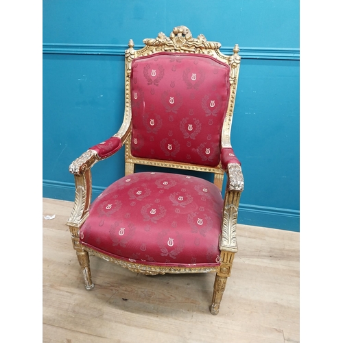 214 - French carved giltwood open armchair with upholstered seat. {110 cm H x 69 cm W x 65 cm D}.