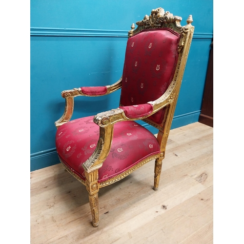 214 - French carved giltwood open armchair with upholstered seat. {110 cm H x 69 cm W x 65 cm D}.