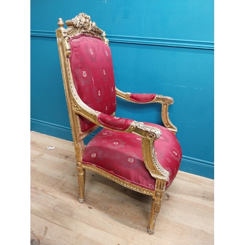 214 - French carved giltwood open armchair with upholstered seat. {110 cm H x 69 cm W x 65 cm D}.