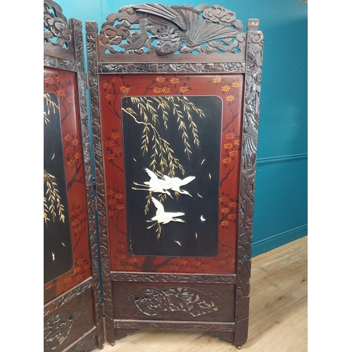 217 - Ewardian carved dressing screen inset with bone models of birds.  {190 cm H x 174 cm W}.