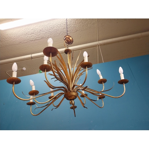 220 - Early 20th C. gilded metal wheat sheaf twelve branch chandelier {90 cm H x 90 cm Dia.}.