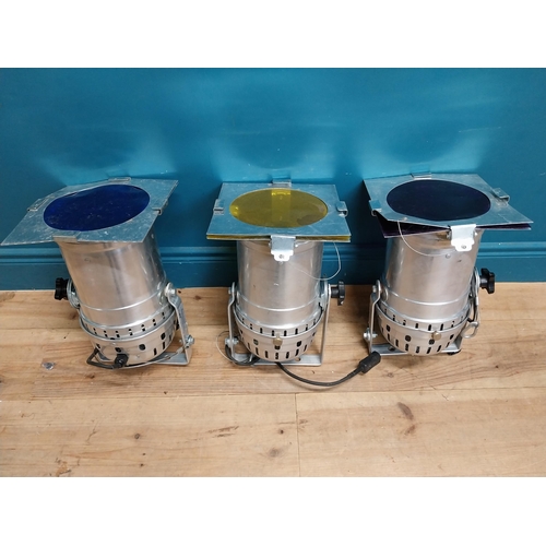 221 - Set of three aluminium stage lights. {40 cm H x 24 cm W x 24 cm D}.