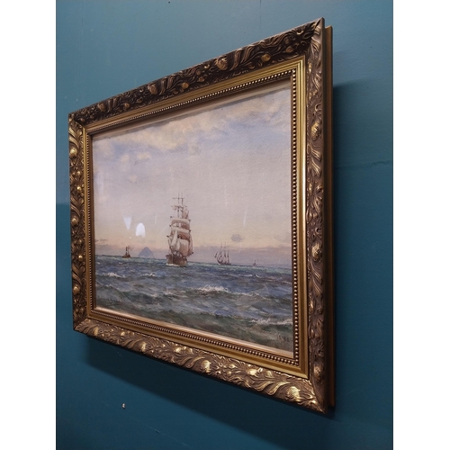 224 - J Downie 1934.  Maritime Scene  Watercolour mounted in carved gilt frame  { 50cm H X 61cm W }.