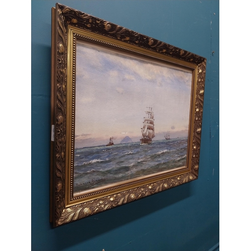 224 - J Downie 1934.  Maritime Scene  Watercolour mounted in carved gilt frame  { 50cm H X 61cm W }.