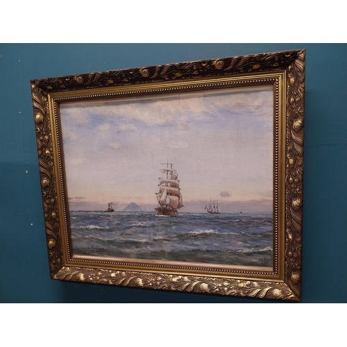 224 - J Downie 1934.  Maritime Scene  Watercolour mounted in carved gilt frame  { 50cm H X 61cm W }.