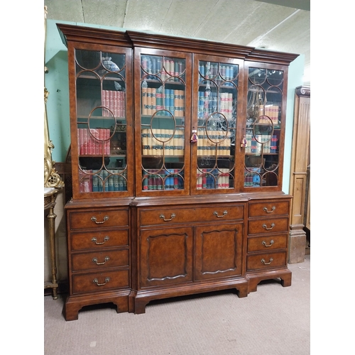 23 - Good quality burr walnut four door secretaire bookcase in the Georgian style {224 cm H x 210 cm W x ... 