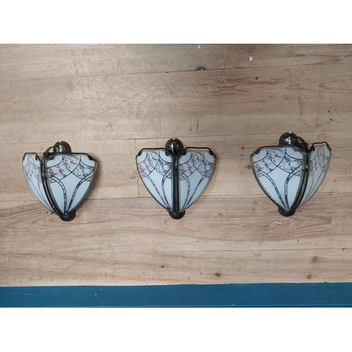 244 - Set of three vintage metal and glass wall lights {27 cm H x 26 cm W x 13 cm D}.