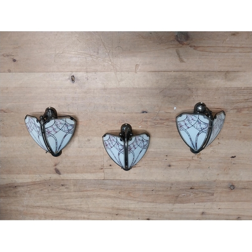 244 - Set of three vintage metal and glass wall lights {27 cm H x 26 cm W x 13 cm D}.