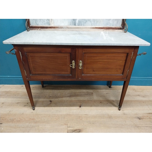 256 - Edwardian mahogany dressing table with marble top and gallery back {120 cm H x 116 cm W x 51 cm D}.