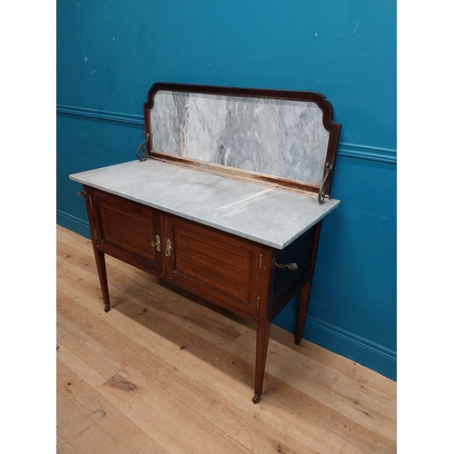 256 - Edwardian mahogany dressing table with marble top and gallery back {120 cm H x 116 cm W x 51 cm D}.