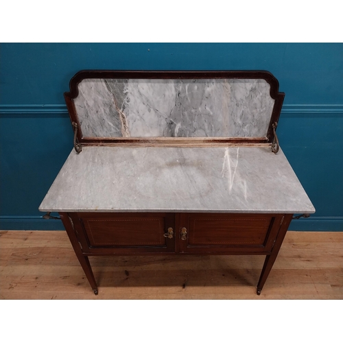 256 - Edwardian mahogany dressing table with marble top and gallery back {120 cm H x 116 cm W x 51 cm D}.