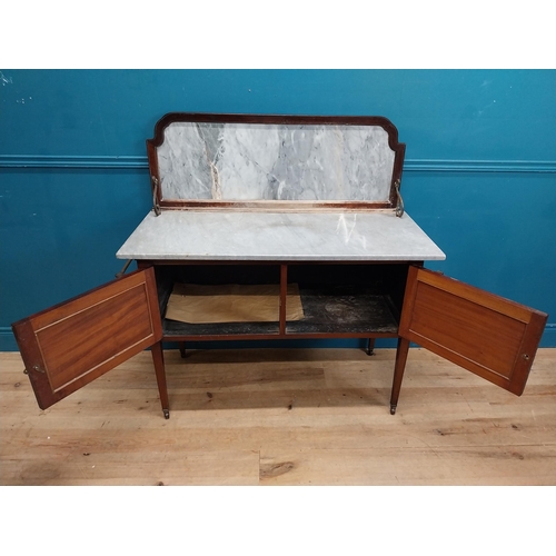 256 - Edwardian mahogany dressing table with marble top and gallery back {120 cm H x 116 cm W x 51 cm D}.