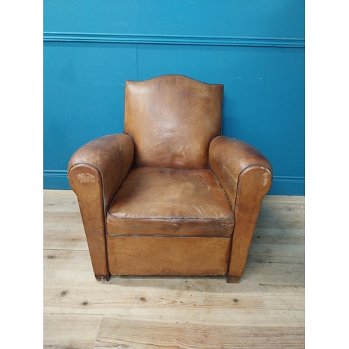 26 - French Art Deco tanned leather club chair {80 cm H x 80 cm W x 80 cm D}.