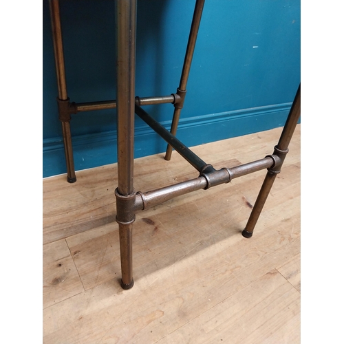 273 - Pair of industrial metal high bar - pub - kitchen stools with tanned leather upholstered seats {104 ... 