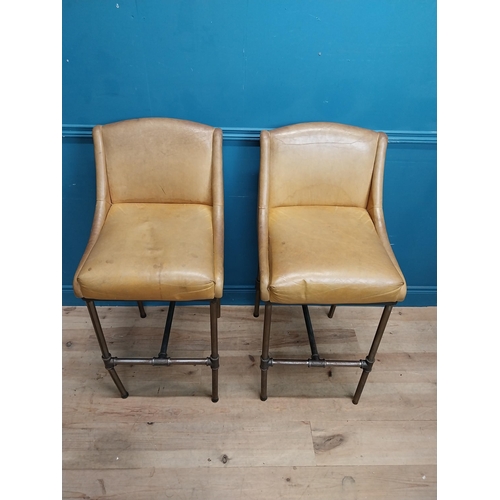 273 - Pair of industrial metal high bar - pub - kitchen stools with tanned leather upholstered seats {104 ... 