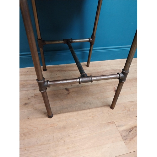 273 - Pair of industrial metal high bar - pub - kitchen stools with tanned leather upholstered seats {104 ... 