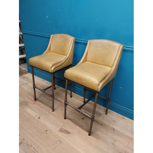 274 - Pair of industrial metal high bar - pub - kitchen stools with tanned leather upholstered seats {104 ... 