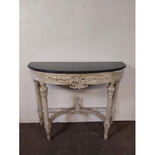 32 - Decorative painted pine side table with marble top in the French style {84 cm H x 106 cm W x 42 cm D... 