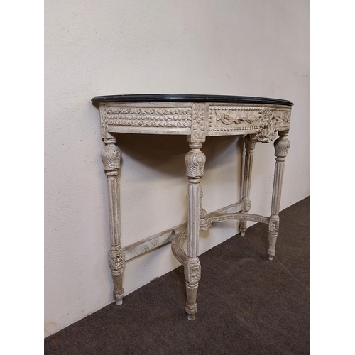 32 - Decorative painted pine side table with marble top in the French style {84 cm H x 106 cm W x 42 cm D... 