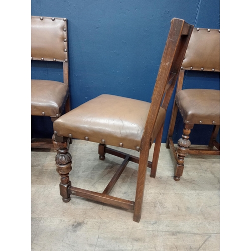 53 - Set of four + two oak framed chairs with leather upholstery and antique studding. { Chairs 88cm H X ... 