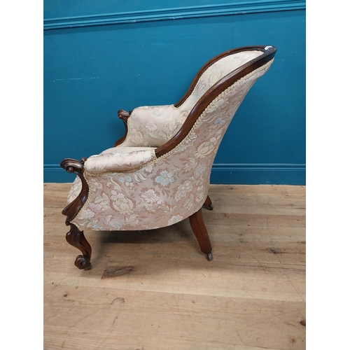 54 - 19th C. rosewood and upholstered arm chair raised on cabriole legs and castors {86 cm H x 66 cm W x ... 