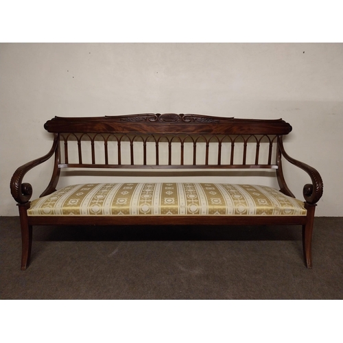 55 - Regnecy carved mahagony and brass inlaid hall bench {104 cm H x 213 cm W x 77 cm D}.