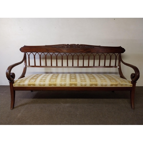 55 - Regnecy carved mahagony and brass inlaid hall bench {104 cm H x 213 cm W x 77 cm D}.