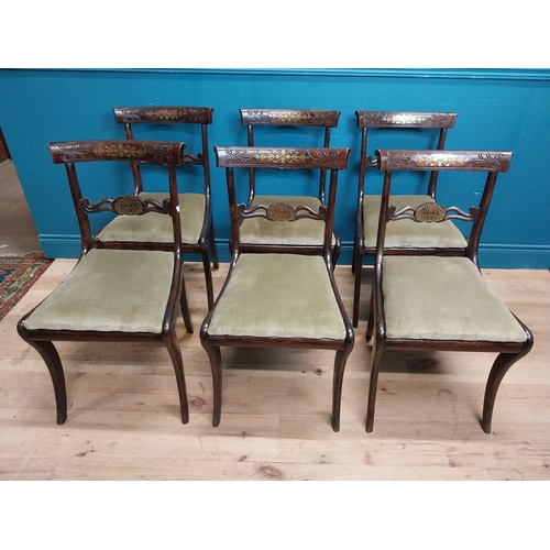 57 - Set of six Regency rosewood and brass inlay dining room chairs with upholstered seats. {83 cm H x 46... 