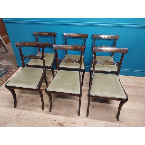 57 - Set of six Regency rosewood and brass inlay dining room chairs with upholstered seats. {83 cm H x 46... 