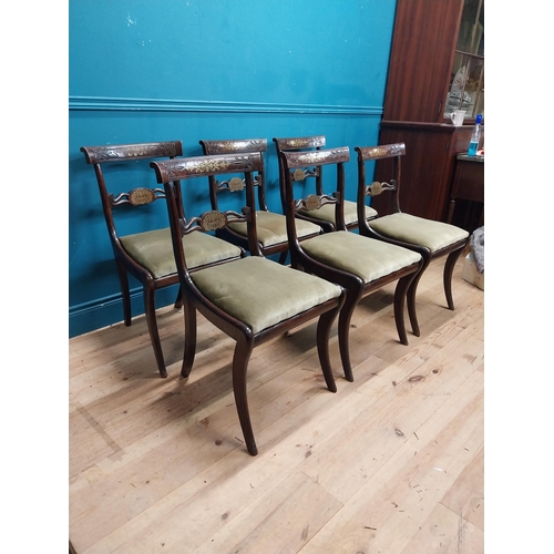 57 - Set of six Regency rosewood and brass inlay dining room chairs with upholstered seats. {83 cm H x 46... 