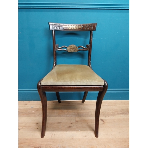 57 - Set of six Regency rosewood and brass inlay dining room chairs with upholstered seats. {83 cm H x 46... 