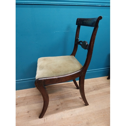 57 - Set of six Regency rosewood and brass inlay dining room chairs with upholstered seats. {83 cm H x 46... 