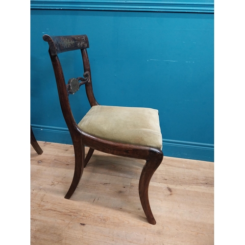 57 - Set of six Regency rosewood and brass inlay dining room chairs with upholstered seats. {83 cm H x 46... 