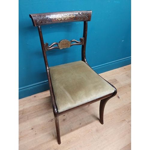 57 - Set of six Regency rosewood and brass inlay dining room chairs with upholstered seats. {83 cm H x 46... 