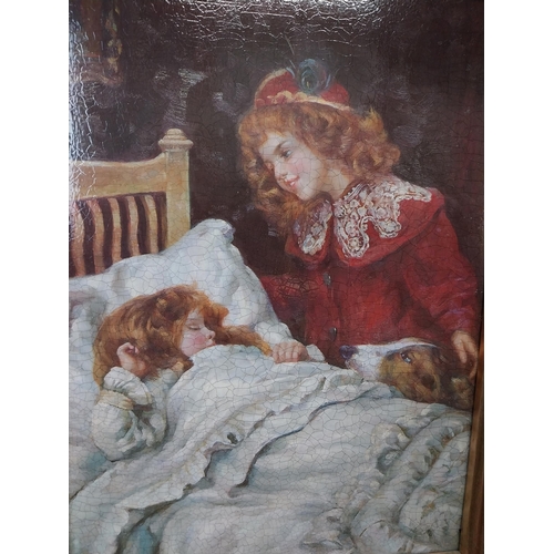 60 - Good quality oleograph mounted in gilt frame - Bed Time. {70 cm H x 60 cm W}.