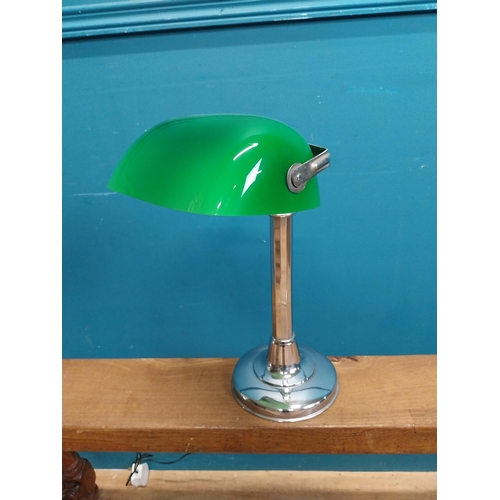 61 - Art Deco chrome banker's lamp with green glass shade. { 40cm H X 25cm Dia }.