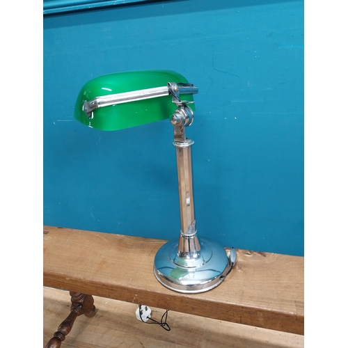 61 - Art Deco chrome banker's lamp with green glass shade. { 40cm H X 25cm Dia }.