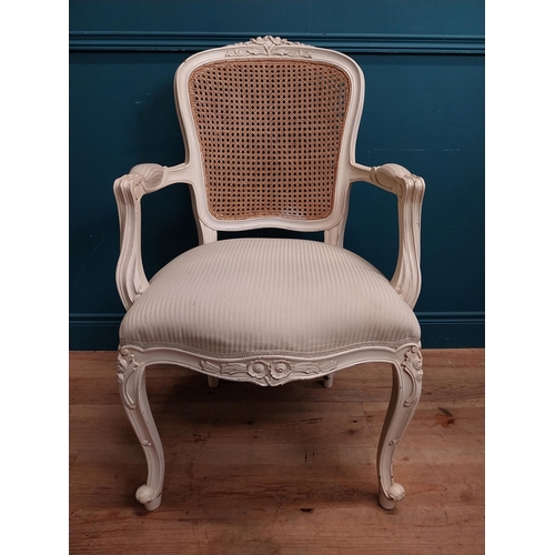 65 - Painted French open armchair with bergere back and upholstered seat. {100 cm H x 60 cm W x 60 cm D}