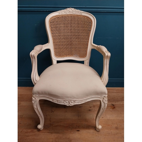 65 - Painted French open armchair with bergere back and upholstered seat. {100 cm H x 60 cm W x 60 cm D}