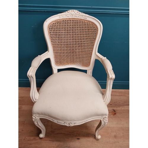 65 - Painted French open armchair with bergere back and upholstered seat. {100 cm H x 60 cm W x 60 cm D}