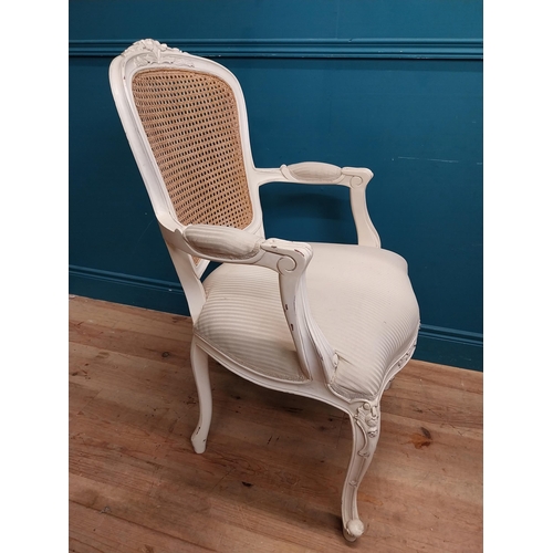 65 - Painted French open armchair with bergere back and upholstered seat. {100 cm H x 60 cm W x 60 cm D}