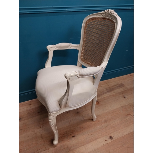 65 - Painted French open armchair with bergere back and upholstered seat. {100 cm H x 60 cm W x 60 cm D}