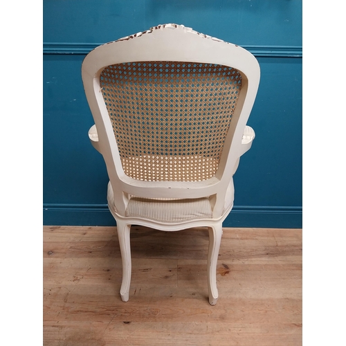 65 - Painted French open armchair with bergere back and upholstered seat. {100 cm H x 60 cm W x 60 cm D}