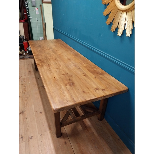 66 - Good quality pine country kitchen table raised on square legs and double stretcher {76 cm H x 270 cm... 