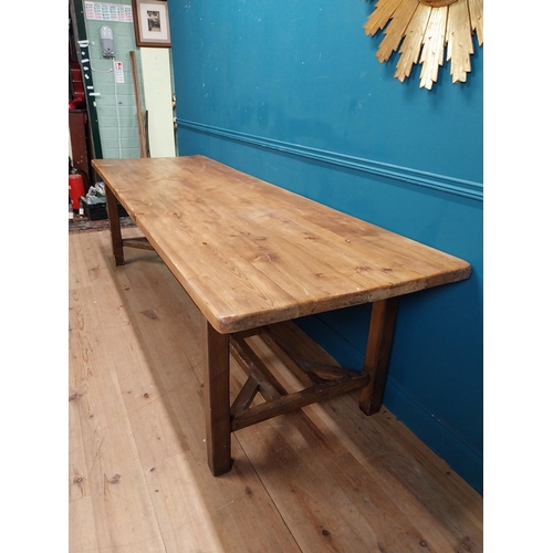 66 - Good quality pine country kitchen table raised on square legs and double stretcher {76 cm H x 270 cm... 