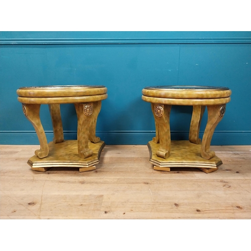 70 - Pair of painted pine lamp tables with inset glass top {63 cm H x 65 cm Dia.}.